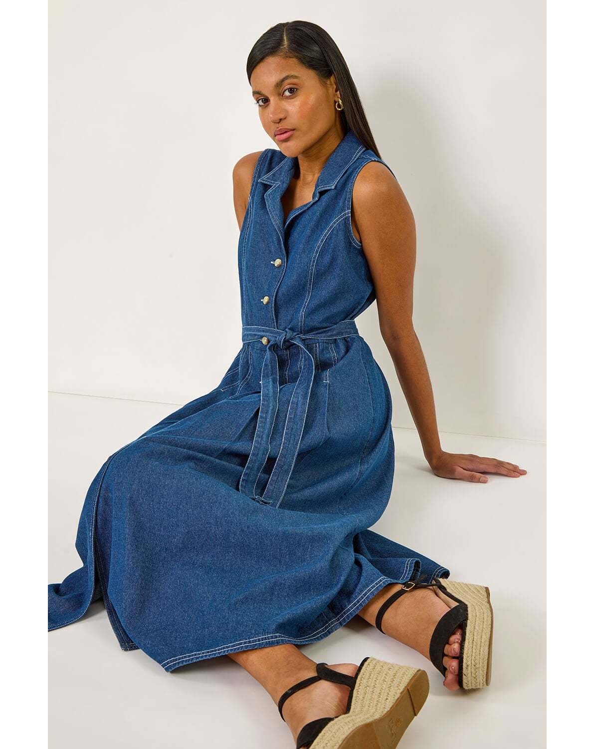 New In - Roman Denim Button Through Midi Dress