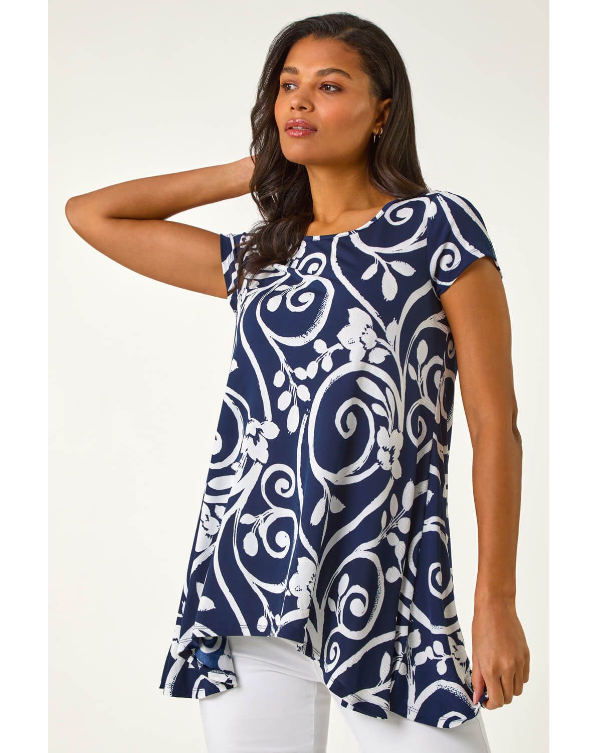 New In - Roman Floral Print Hanky Hem Tunic Top