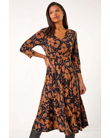 Roman Leaf Print Wrap Midi Dress