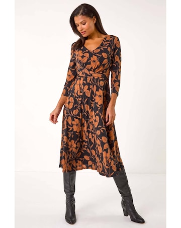 Roman Leaf Print Wrap Midi Dress