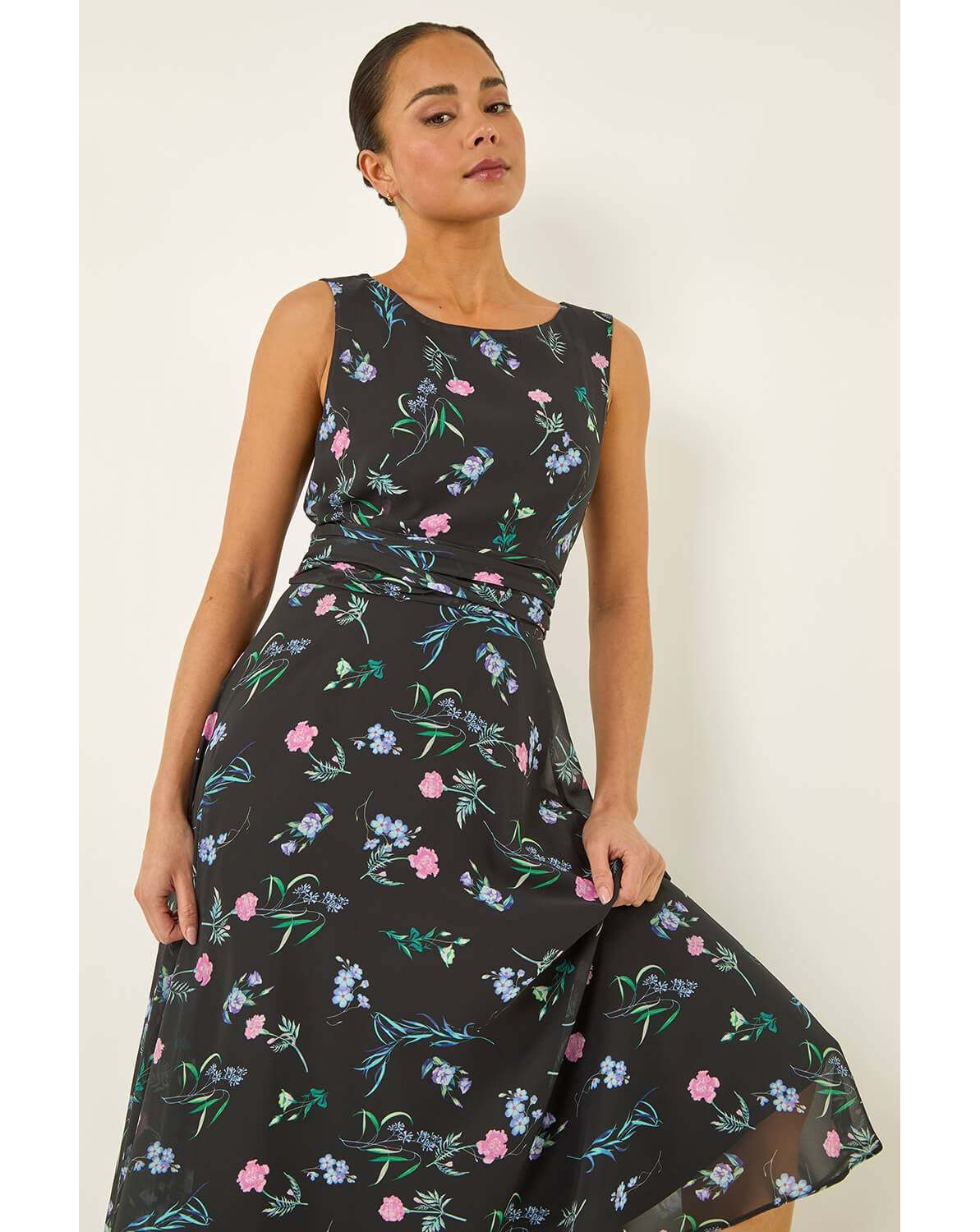 New In - Roman Petite Floral Ruched Midi Dress