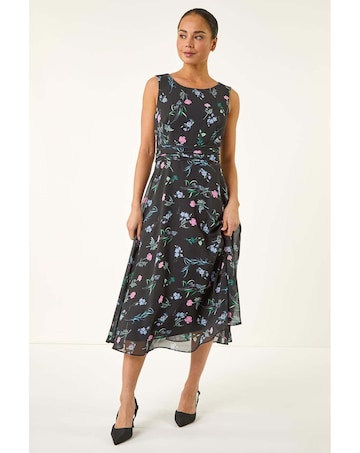 Roman Petite Floral Ruched Midi Dress
