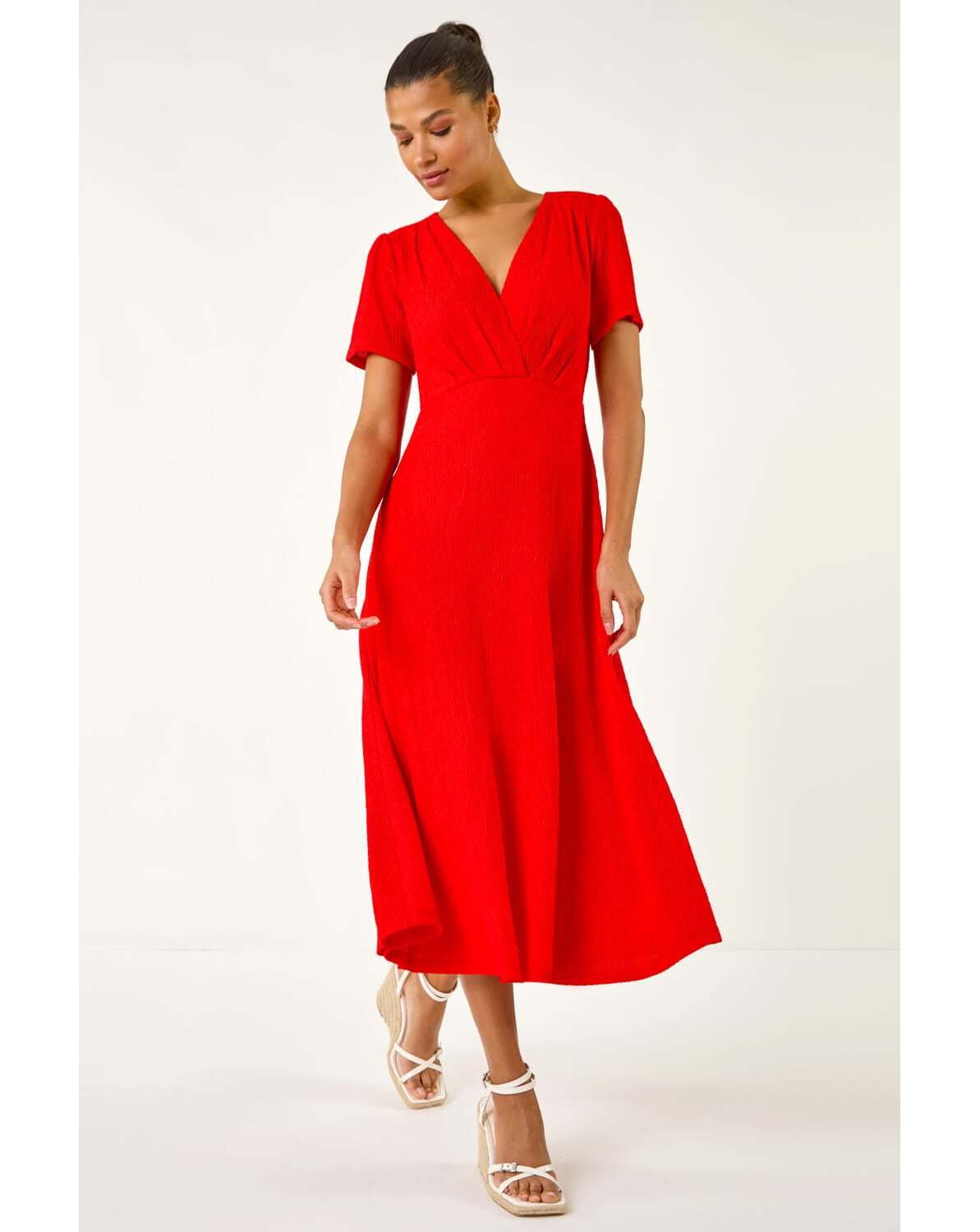 New In - Roman Textured Wrap Bodice Midi Dress