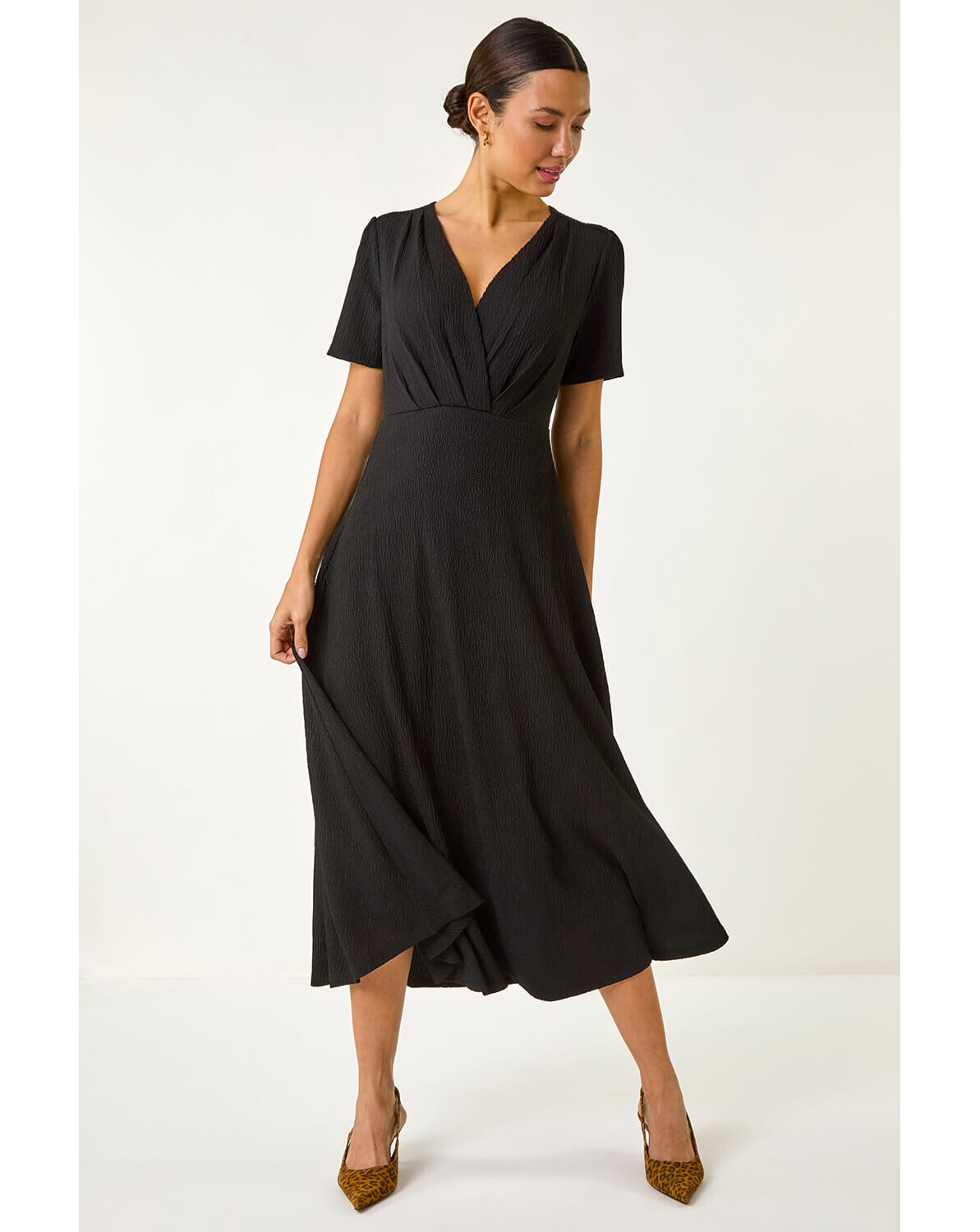 Roman Textured Wrap Bodice Midi Dress