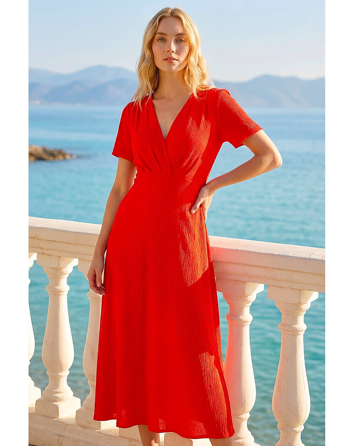 Roman Textured Wrap Bodice Midi Dress