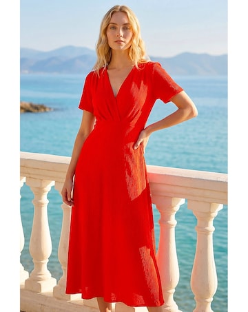 Roman Textured Wrap Bodice Midi Dress
