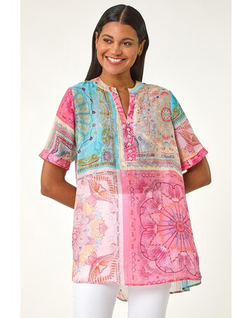 Roman Scarf Print Hotfix Buttoned Top