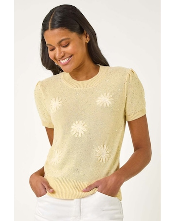Roman Daisy Sparkly Embroidered Knit Top