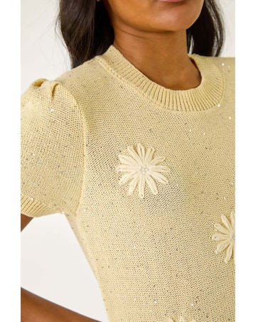 Roman Daisy Sparkly Embroidered Knit Top