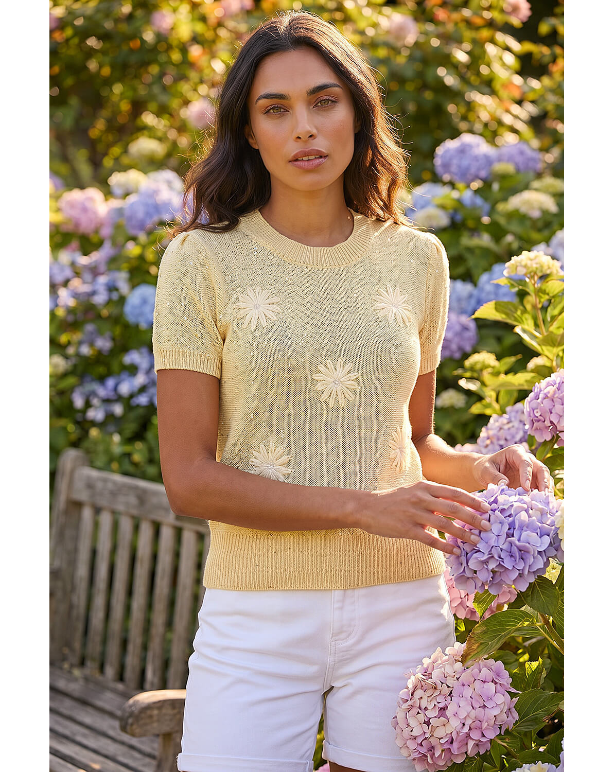 Roman Daisy Sparkly Embroidered Knit Top