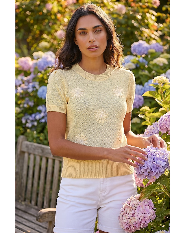 Roman Daisy Sparkly Embroidered Knit Top