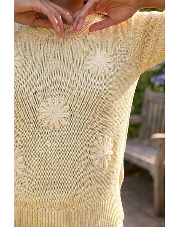 Roman Daisy Sparkly Embroidered Knit Top