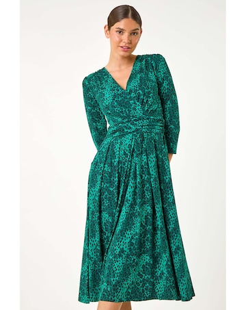 Roman Animal Print Mock Wrap Midi Dress