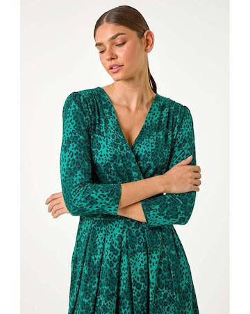 Roman Animal Print Mock Wrap Midi Dress