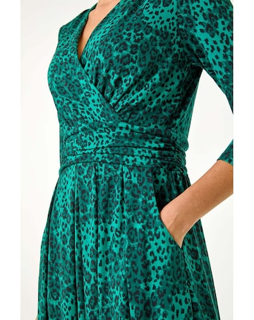 Roman Animal Print Mock Wrap Midi Dress