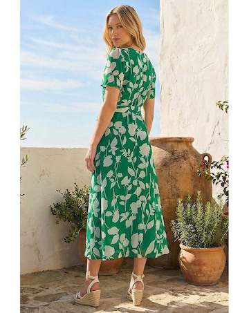 Roman Flower Print Pleat Neck Midi Dress