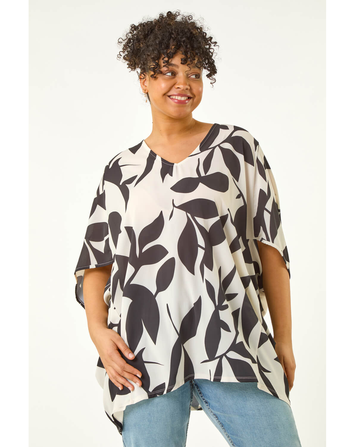 New In - Roman Curve Leaf Print Cocoon Top