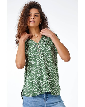 Roman Abstract Button Detail V-Neck Top