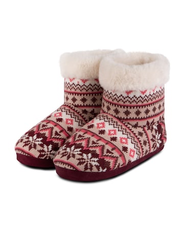 totes Ladies Fair Isle Knit Boot Slippers W/Faux Fur Cuff