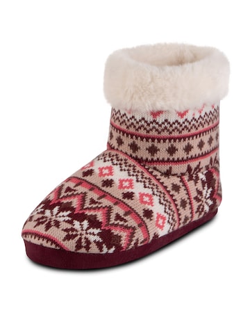 totes Ladies Fair Isle Knit Boot Slippers W/Faux Fur Cuff
