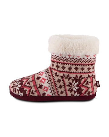 totes Ladies Fair Isle Knit Boot Slippers W/Faux Fur Cuff