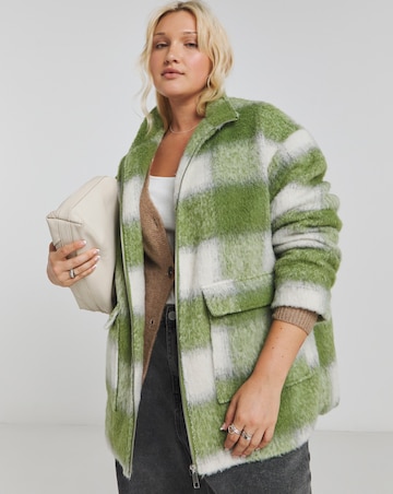 Green Funnel Neck Brushed Checked Bomber