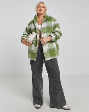 Green Funnel Neck Brushed Checked Bomber