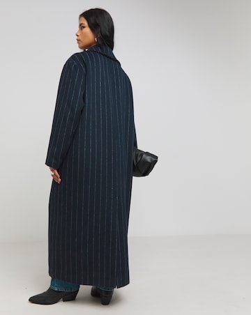 Navy Pinstripe Faux Wool Maxi Coat
