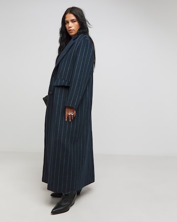 Navy Pinstripe Faux Wool Maxi Coat