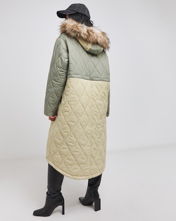 Green Colourblock Quilted Longline Coat