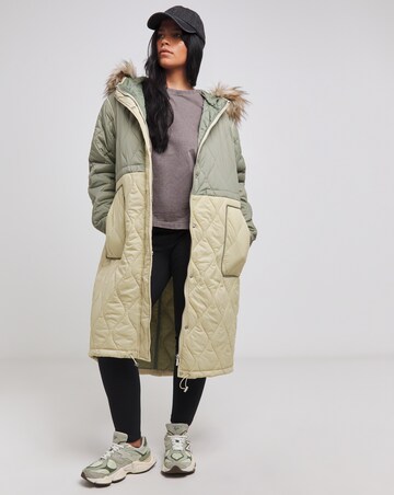 Green Colourblock Quilted Longline Coat