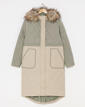 Green Colourblock Quilted Longline Coat
