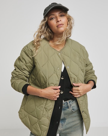 Khaki Round Neck Quilted Jacket
