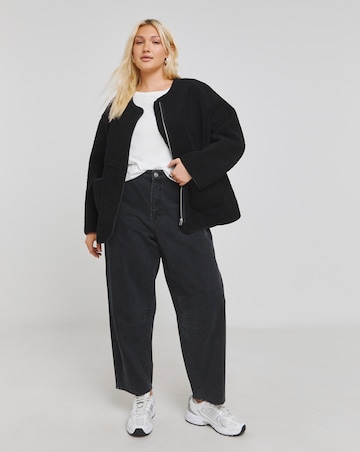 Black Round Neck Zip Through Borg Jacket