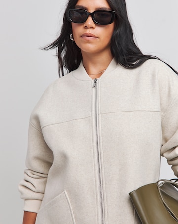 Stone Faux Wool Zip Through Bomber Jacket