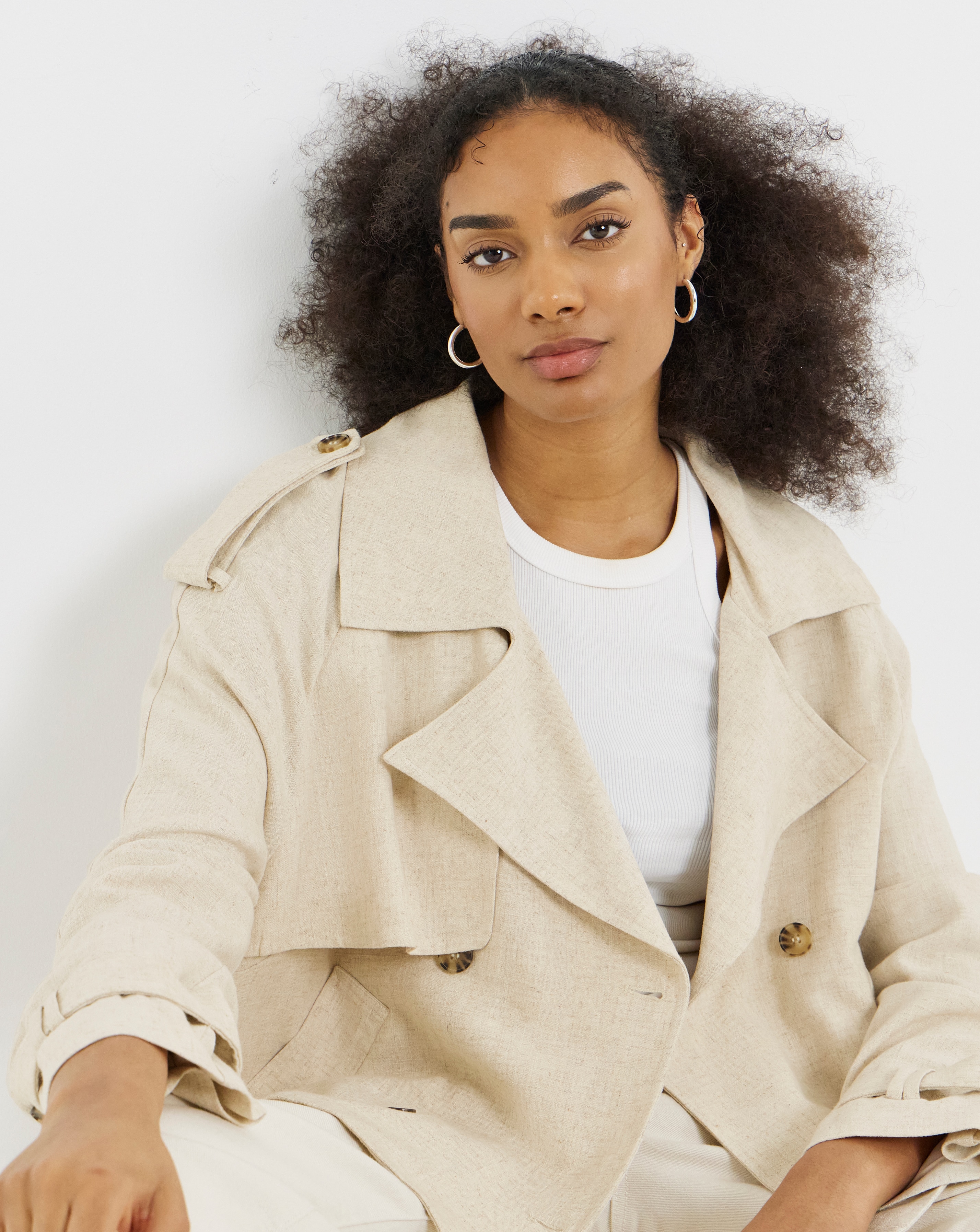 Neutral Cropped Linen Trench