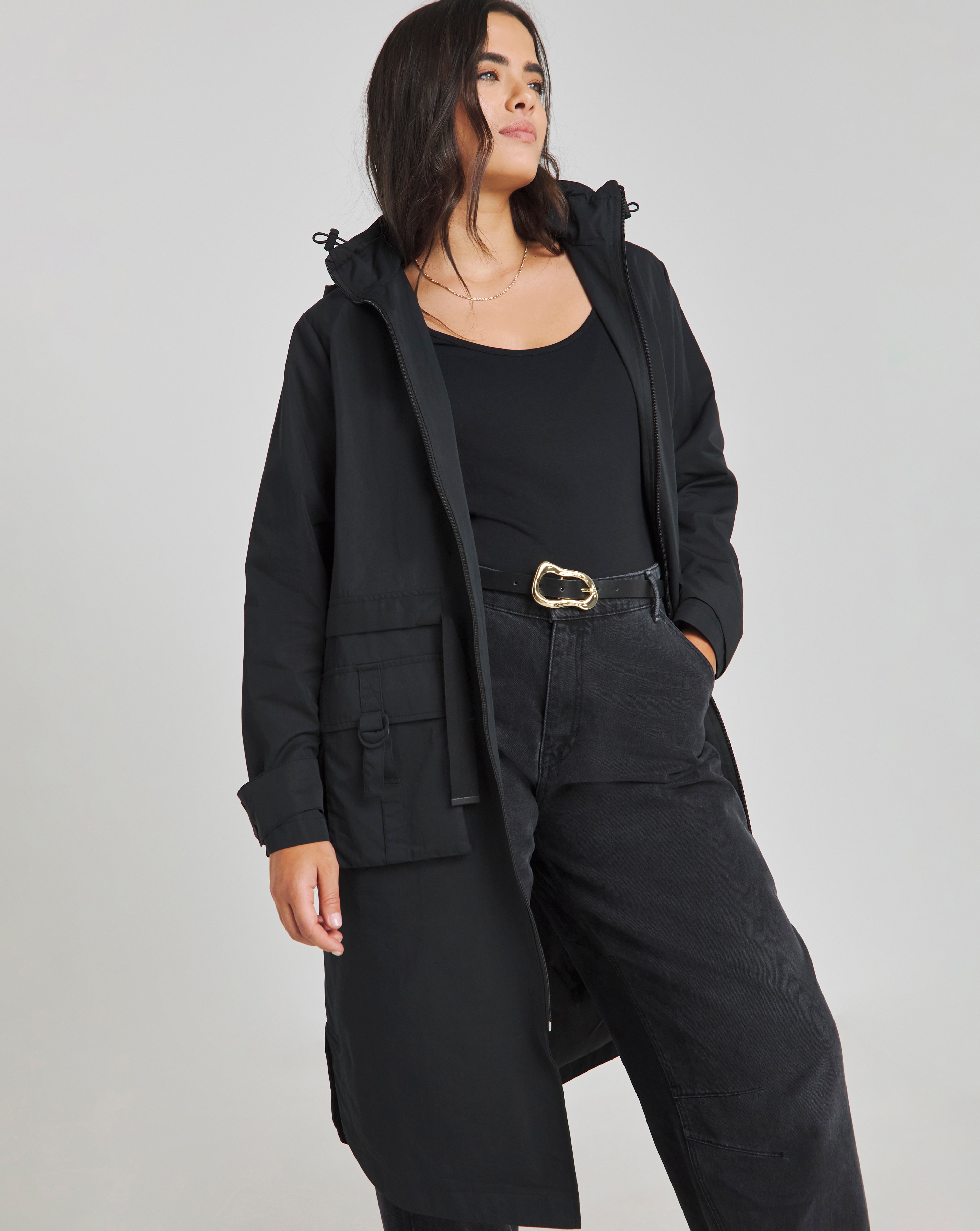 Black Hooded Longline Utility Coat