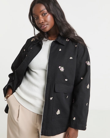 Simply Be Washed Black Floral Embroidered Utility Shacket