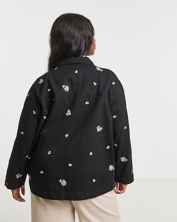 Simply Be Washed Black Floral Embroidered Utility Shacket