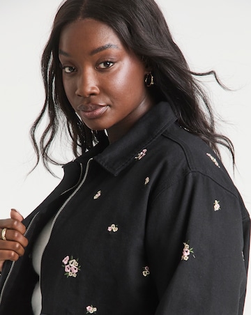 Simply Be Washed Black Floral Embroidered Utility Shacket