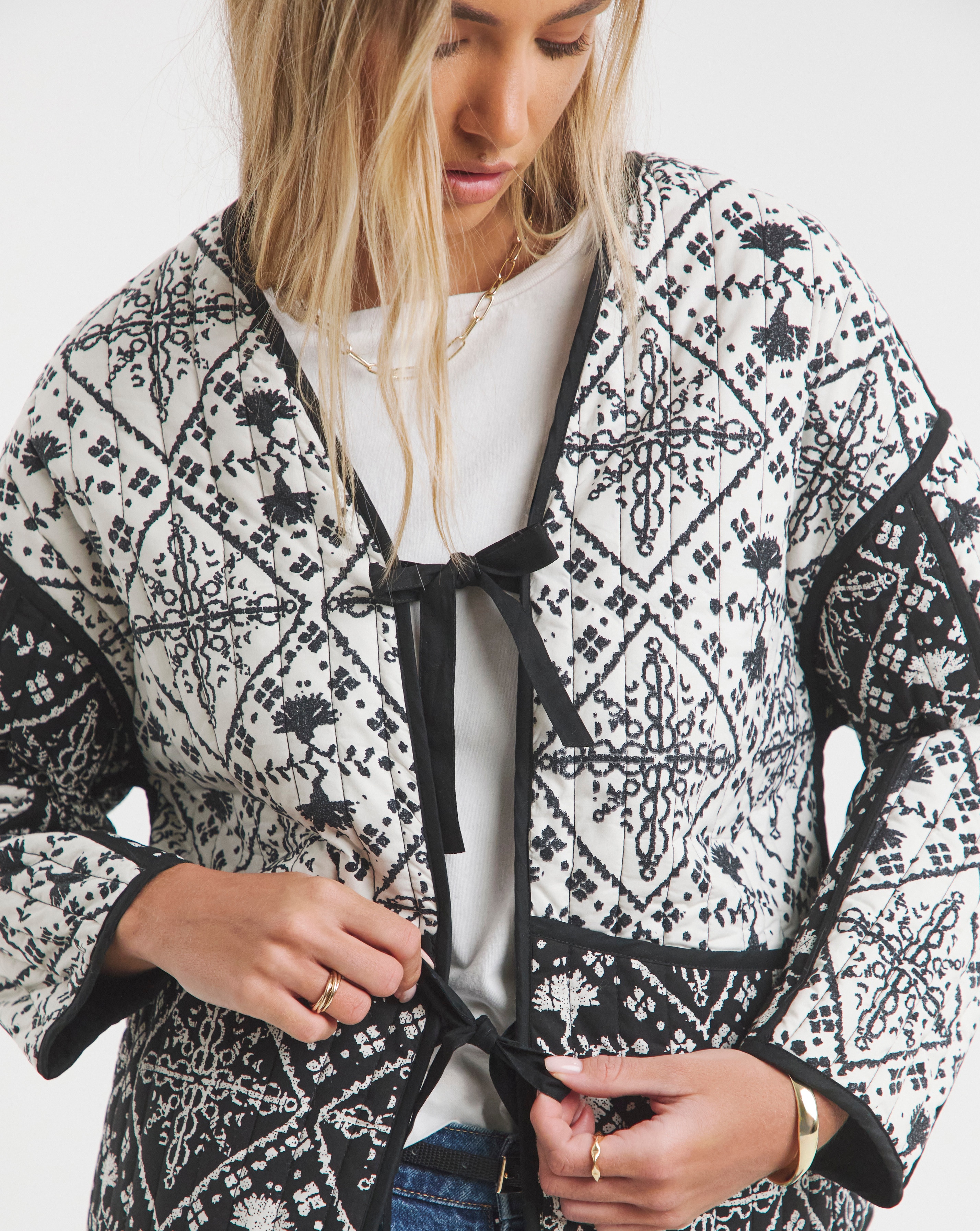 Reversible Mono Print Tie Front Jacket
