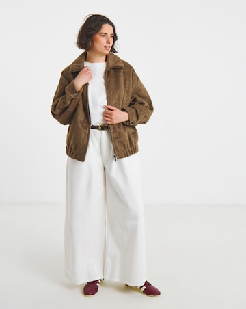 Neutral Faux Wool Seamed Detail Bomber Jacket With Collar