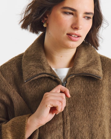 Neutral Faux Wool Seamed Detail Bomber Jacket With Collar