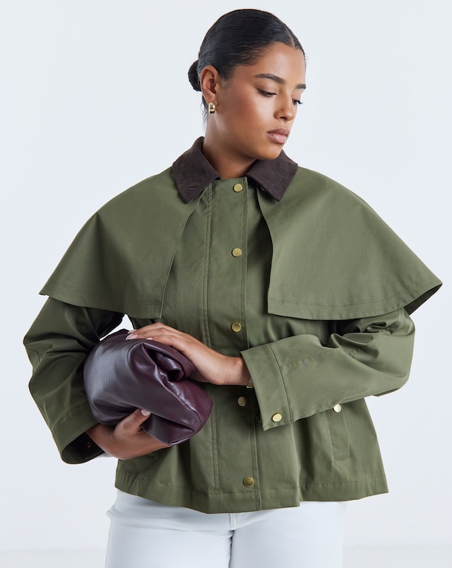 Olive Cord Collar Detachable Cape Jacket