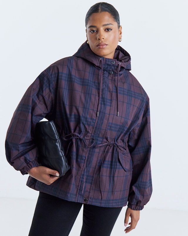 Check Print Hooded Swing Parka Jacket