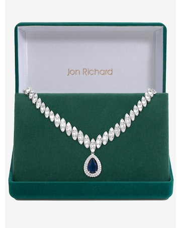 Jon Richard Silver Plated CZ Baguette Navette Blue Sapphire Pear Drop Necklace