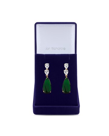 Jon Richard Gold Plated Cubic Zirconia Emerald Green Pear Earrings - Gift Boxed