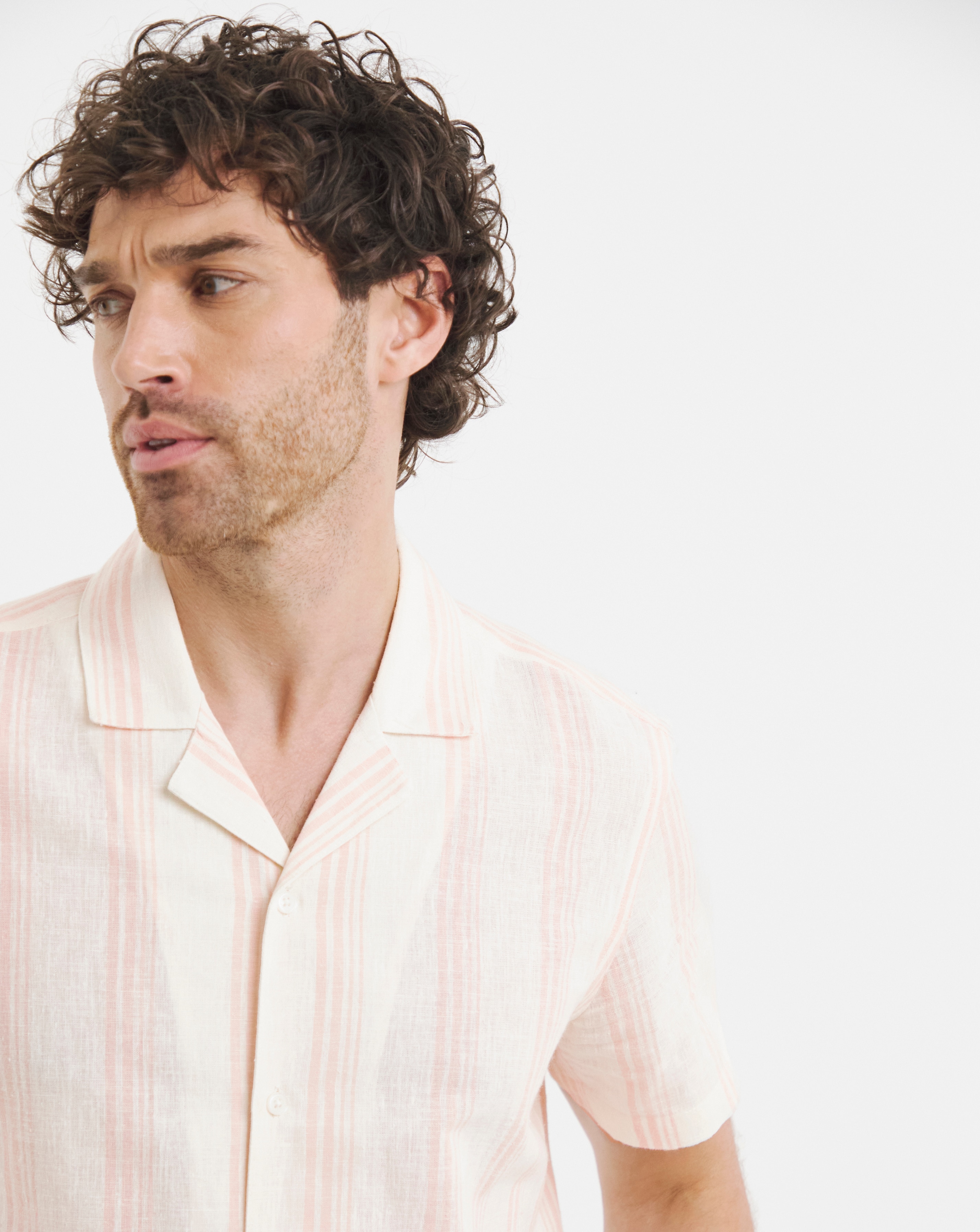 Revere Collar Linen Blend Stripe Shirt