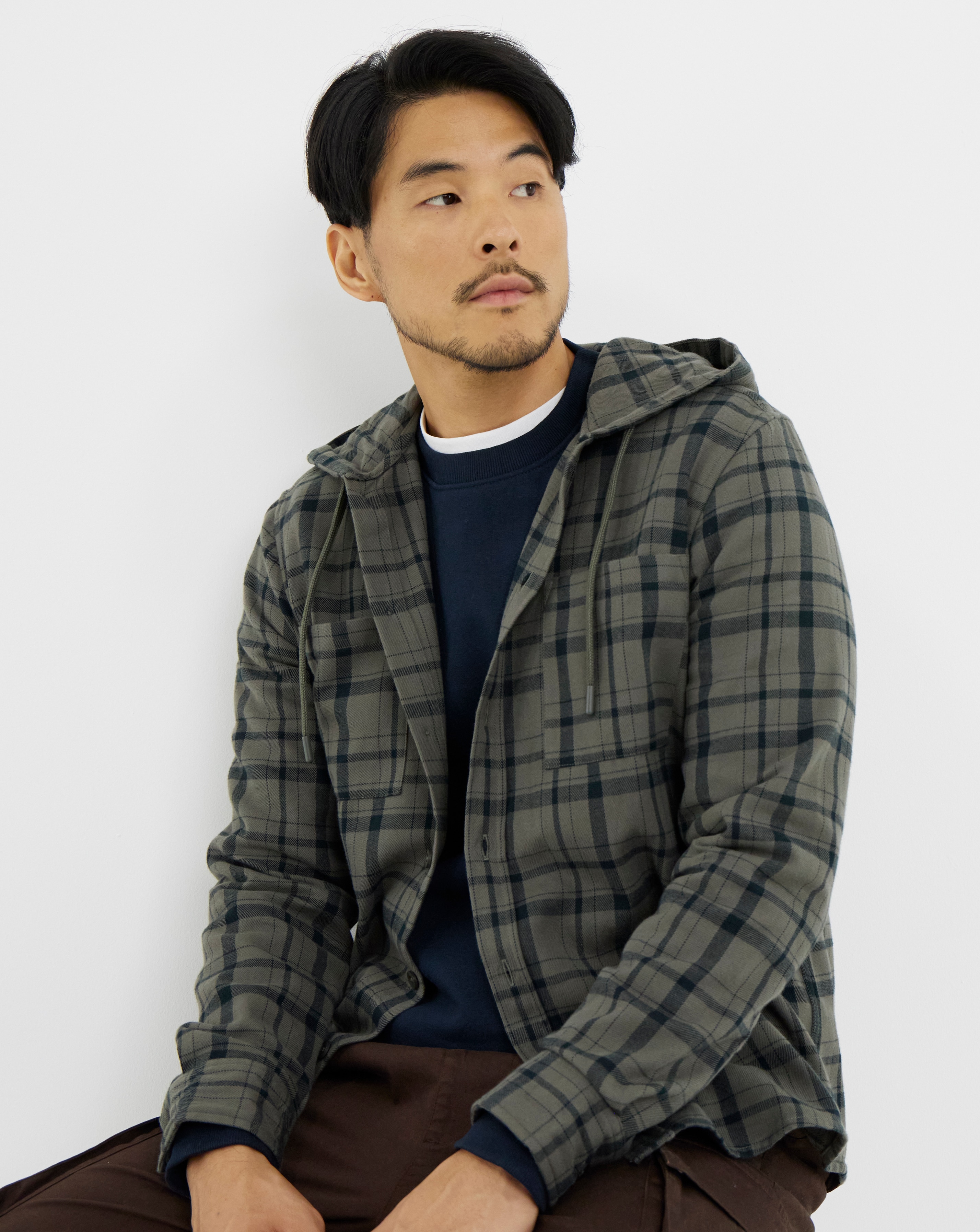 Cotton Hooded Flannel Check Shirt Long