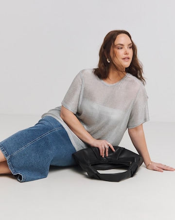 Silver Metallic Longline Side Split T-Shirt